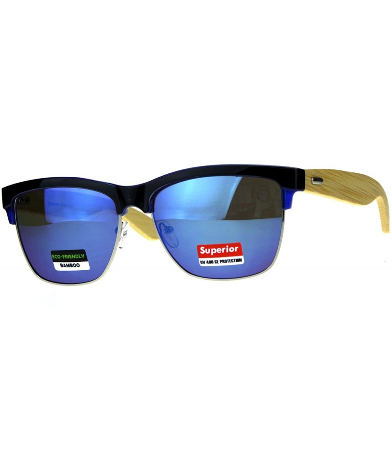 Square Real Bamboo Wood Temple Sunglasses Designer Style Square UV 400 - Black Blue - CU18DIGMDXU $14.59