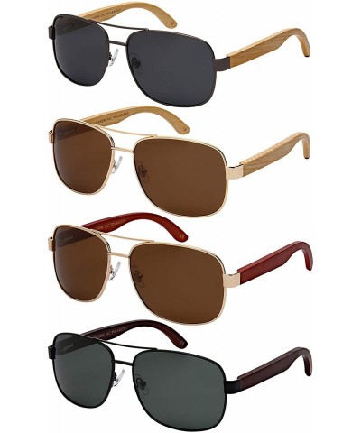Round Polarized Square Aviator Bamboo Sunglasses w/Spring Hinge For Men 1218SBM-P - CU18O7OZOWU $13.30