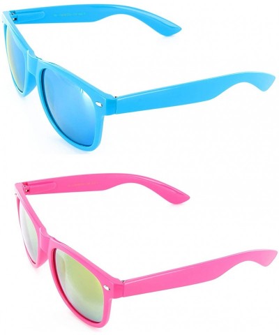 Wayfarer Men Women Sunglasses Pop Color Frame Mirror Lens Gift Box Set - Blue & Pink - CN11MLXG8VB $18.90