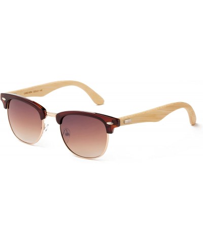 Round "Lighteon" Vintage Design Fashion Sunglasses Real Bamboo - Brown/Gold/Light Bamboo - CJ12M1OD6YV $22.65