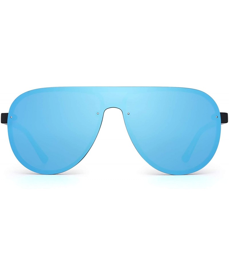 One Piece Shield Sunglasses for Men Women Flat Top Rimless Mirror Lens -  Black Frame / Mirror Blue Lens - CX18RX6IEDZ