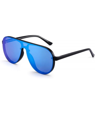 Rimless One Piece Shield Sunglasses for Men Women Flat Top Rimless Mirror Lens - Black Frame / Mirror Blue Lens - CX18RX6IEDZ...