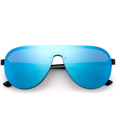 Rimless One Piece Shield Sunglasses for Men Women Flat Top Rimless Mirror Lens - Black Frame / Mirror Blue Lens - CX18RX6IEDZ...