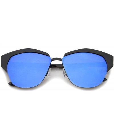 Cat Eye Women's Semi-Rimless Color Mirror Flat Lens Cat Eye Sunglasses 58mm - Black / Blue Mirror - CT12KCNQI1L $21.75