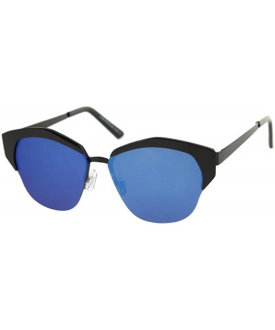 Cat Eye Women's Semi-Rimless Color Mirror Flat Lens Cat Eye Sunglasses 58mm - Black / Blue Mirror - CT12KCNQI1L $9.28