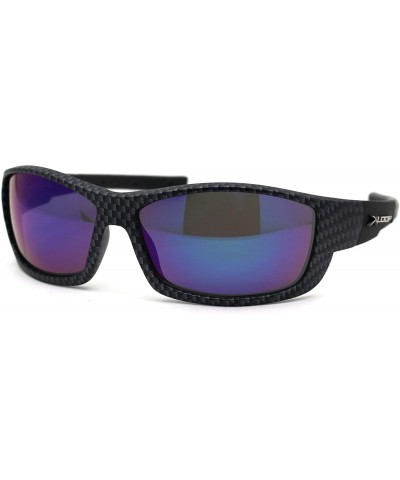 Sport Mens Carbon Fiber Print Rectangular Warp Sport Sunglasses - Black Teal Mirror - CR1956S88NW $23.49
