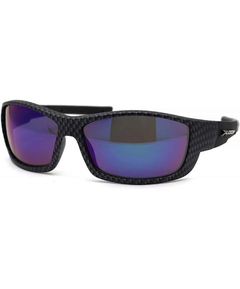 Sport Mens Carbon Fiber Print Rectangular Warp Sport Sunglasses - Black Teal Mirror - CR1956S88NW $10.07
