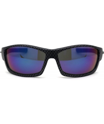Sport Mens Carbon Fiber Print Rectangular Warp Sport Sunglasses - Black Teal Mirror - CR1956S88NW $10.07