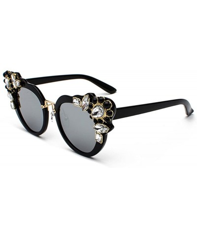 Semi-rimless Ms. Oversized Frame Retro Cat Eye Sunglasses Fashion Design - Black Mercury Film - C018EQG5M3T $21.31