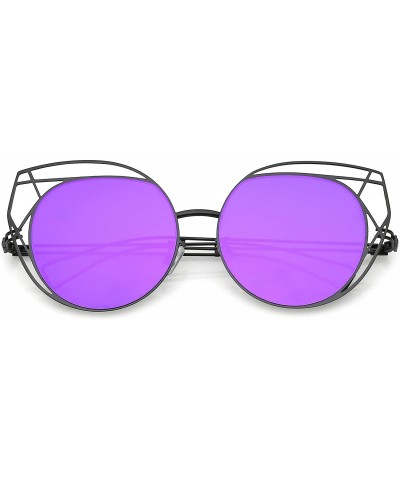 Cat Eye Geometric Cutout Thin Metal Frame Round Mirrored Flat Lens Cat Eye Sunglasses 53mm - Black / Purple Mirror - CF182TIZ...