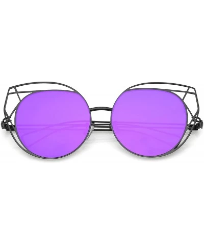 Cat Eye Geometric Cutout Thin Metal Frame Round Mirrored Flat Lens Cat Eye Sunglasses 53mm - Black / Purple Mirror - CF182TIZ...