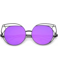 Cat Eye Geometric Cutout Thin Metal Frame Round Mirrored Flat Lens Cat Eye Sunglasses 53mm - Black / Purple Mirror - CF182TIZ...