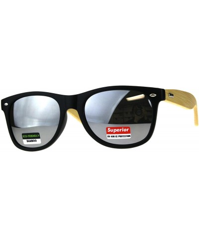 Wayfarer Real Bamboo Wood Temple Sunglasses Casual Horn Rim Matted Frame - Black (Silver Mirror) - C818DD0RWQY $13.43