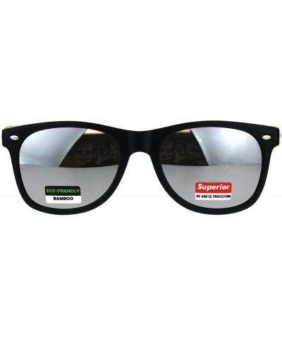 Wayfarer Real Bamboo Wood Temple Sunglasses Casual Horn Rim Matted Frame - Black (Silver Mirror) - C818DD0RWQY $13.43