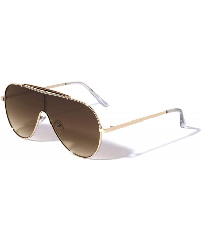 Round Flat Top Round Shield One Piece Aviator Sunglasses - Brown Gold - CK196KOE35Z $25.63