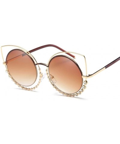 Round Luxury Rhinestone Sunglass Fashion Cateye Sun Glasses Women Vintage Round Lens Sunglasses UV400 - TEA - CQ18XDX6TZE $41.21