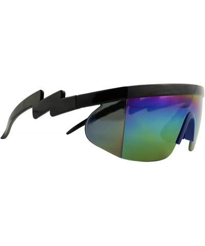 Sport Semi Rimless Neon Rainbow Sunglasses Mirrored Lens UV Protection 80s Retro Rave Shades Crooked ZigZag Bolt Arm - C618W6...