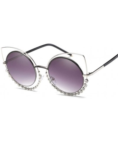 Round Luxury Rhinestone Sunglass Fashion Cateye Sun Glasses Women Vintage Round Lens Sunglasses UV400 - TEA - CQ18XDX6TZE $40.12