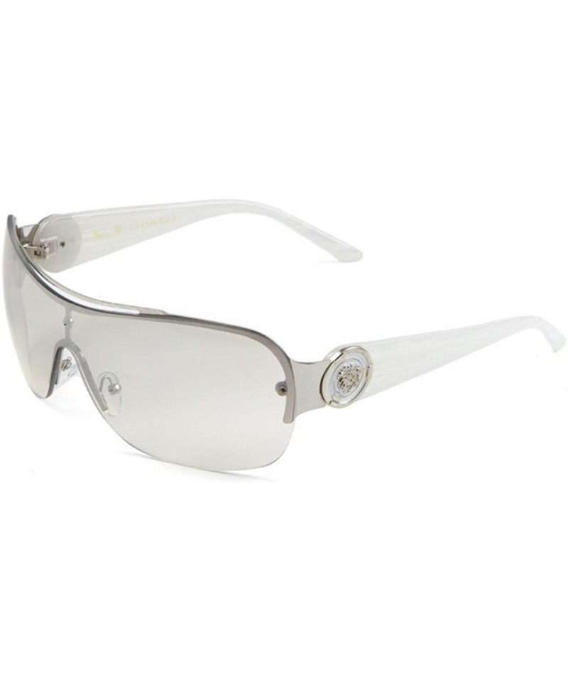 Oversized Lion Head Medallion One Piece Shield Sunglasses - White Striped & Silver - CQ1827XC6TU $15.28