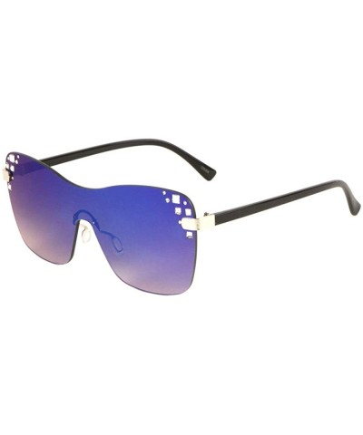 Rimless Color Mirror Rimless Rhinestone One Piece Curved Edge Shield Lens Sunglasses - Blue - CT1996D2G4O $26.71
