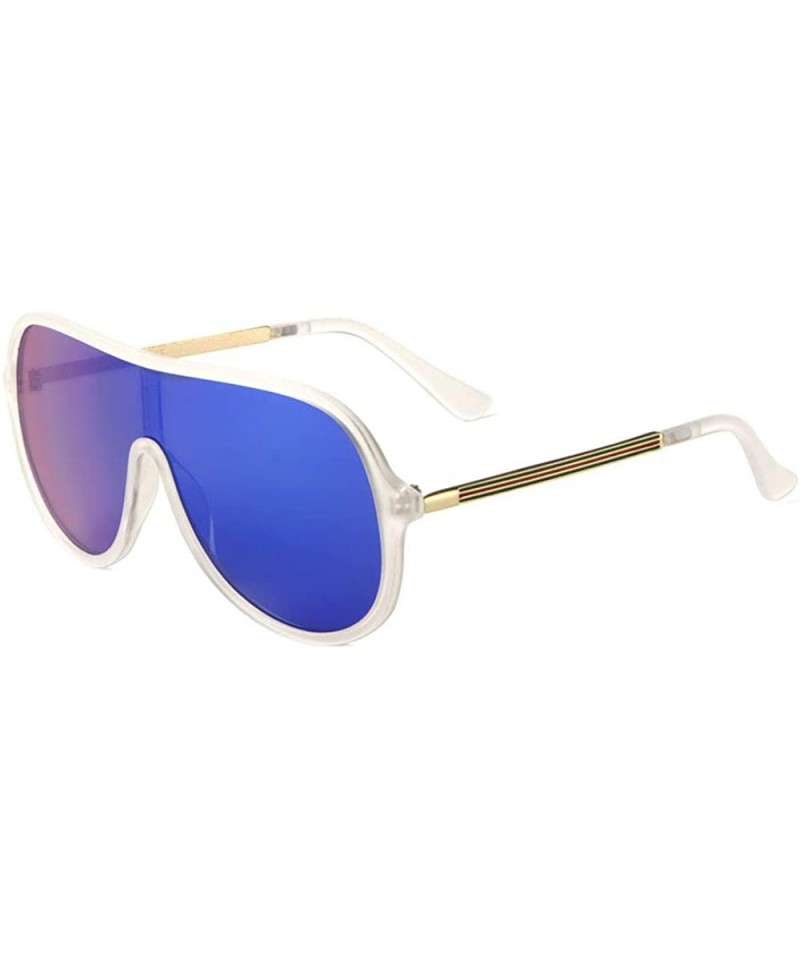 Shield Flat Top One Piece Lens Shield Three Color Bar Temple Sunglasses - Blue White Semi Clear - C8198D9327D $15.97