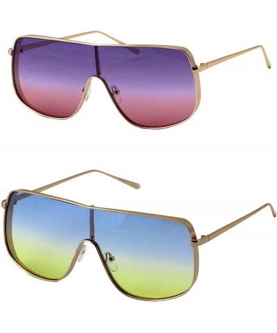Square Oversized Flat Top Square VINTAGE RETRO SHIELD VISOR Women's Sunglasses Shield Sunnies - 2 Pack Purple and Blue - CL19...