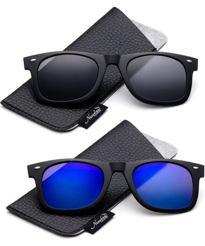 Round Newbee Fashion Polarized Clip Sunglasses - 50mm 2 Pack Black & Blue-w/Pouch - CJ18I6XK34M $27.45