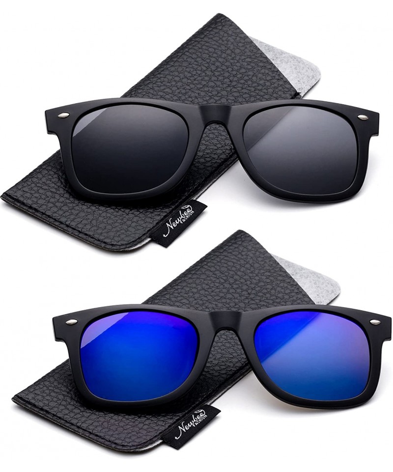 Round Newbee Fashion Polarized Clip Sunglasses - 50mm 2 Pack Black & Blue-w/Pouch - CJ18I6XK34M $13.91