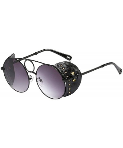 Round Women's Fashion Sunglasses Metal Round Frame Eyewear With Leather - Black Gray - CA18W3D4U8X $34.86
