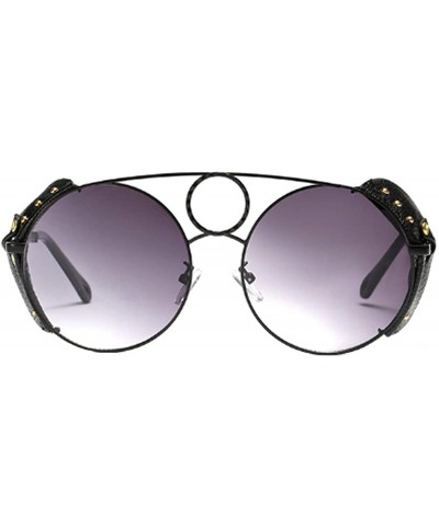 Round Women's Fashion Sunglasses Metal Round Frame Eyewear With Leather - Black Gray - CA18W3D4U8X $17.20