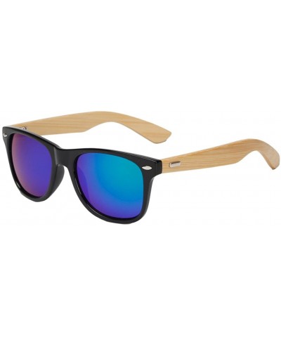 Wayfarer Unisex Wooden Bamboo Sunglasses Temples Classic Retro Designer 60mm - Black/Blue - CD12EMXXH39 $22.46