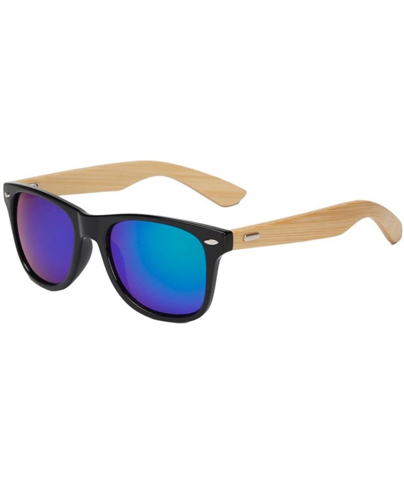 Wayfarer Unisex Wooden Bamboo Sunglasses Temples Classic Retro Designer 60mm - Black/Blue - CD12EMXXH39 $9.85