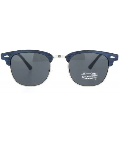 Rectangular Mens Wood Grain Half Horn Rim Hipster Rectangular Retro Sunglasses - Blue Silver Black - C218OWZ0XAE $9.12