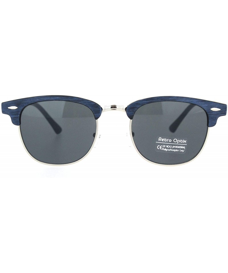 Rectangular Mens Wood Grain Half Horn Rim Hipster Rectangular Retro Sunglasses - Blue Silver Black - C218OWZ0XAE $22.49
