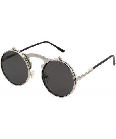 Round Retro Flip-Up Round Goggles Seampunk Sunglasses - Silver/Black - CM18C3XEYT7 $28.20