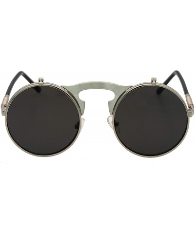Round Retro Flip-Up Round Goggles Seampunk Sunglasses - Silver/Black - CM18C3XEYT7 $13.12