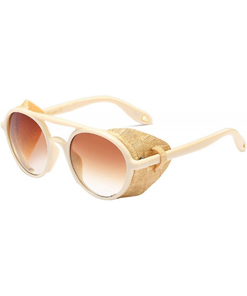 Round Women's Retro Classic Round Plastic Frame Sunglasses With Leather - Beige Yellow Brown - CE18W7HR865 $18.68