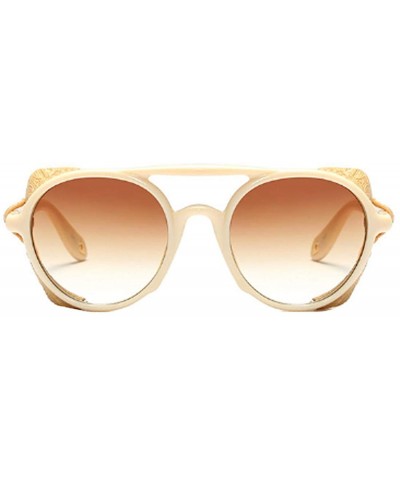 Round Women's Retro Classic Round Plastic Frame Sunglasses With Leather - Beige Yellow Brown - CE18W7HR865 $43.79