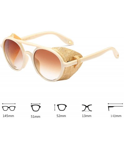 Round Women's Retro Classic Round Plastic Frame Sunglasses With Leather - Beige Yellow Brown - CE18W7HR865 $43.20