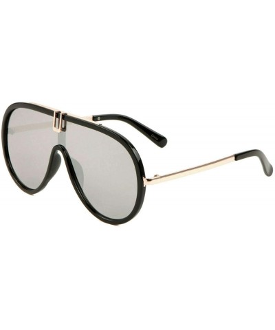 Oversized Luxury One Piece Flat Lens Shield Aviator Sunglasses - Black & Gold Frame - CF18WG87C02 $19.14
