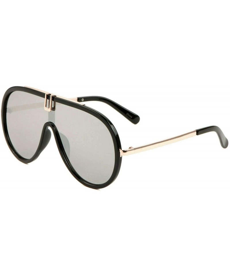 Oversized Luxury One Piece Flat Lens Shield Aviator Sunglasses - Black & Gold Frame - CF18WG87C02 $7.87