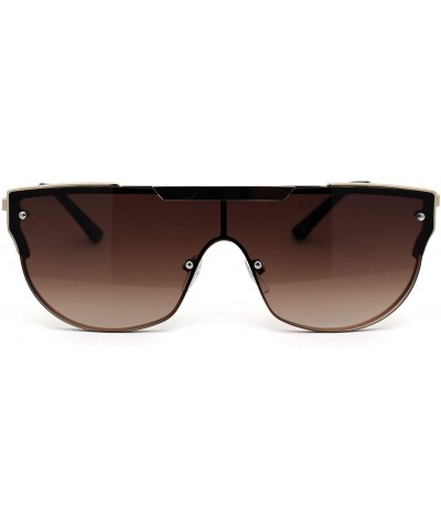 Shield Luxury Mobster Flat Top Shield Metal Rim Sunglasses - Gold Brown - CP194OKO4UH $14.92