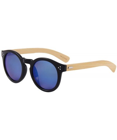 Semi-rimless Bamboo Wood Sunglasses for Men and Women - Retro Round Wooden Sunglasses - Blue (Full Rim) - CL18SW9E8I8 $13.92
