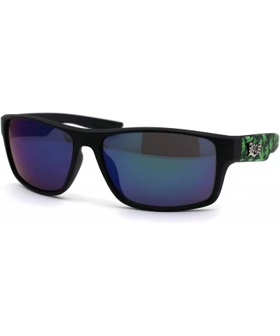 Sport Locs Marijuana Pot Leaf Print Rectangle Sport Horn Rim Sunglasses - Matte Black Teal Mirror - CR1966DHN8M $23.18