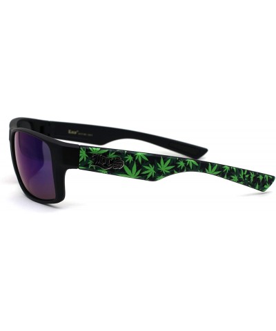 Sport Locs Marijuana Pot Leaf Print Rectangle Sport Horn Rim Sunglasses - Matte Black Teal Mirror - CR1966DHN8M $12.53