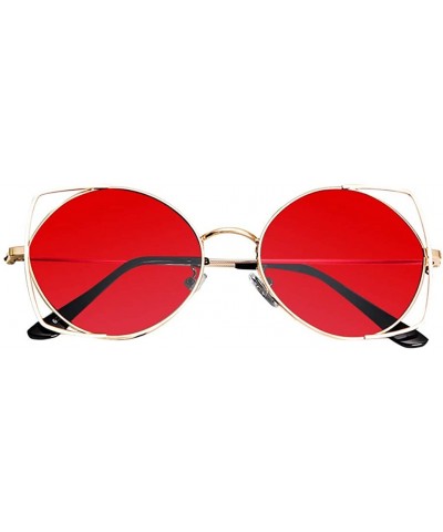 Oversized Retro Round Sunglasses for Women Cat Eye Mirrored Flat Lenses Metal Frame Sunglasses - Red - CM18RDN0LHU $20.01