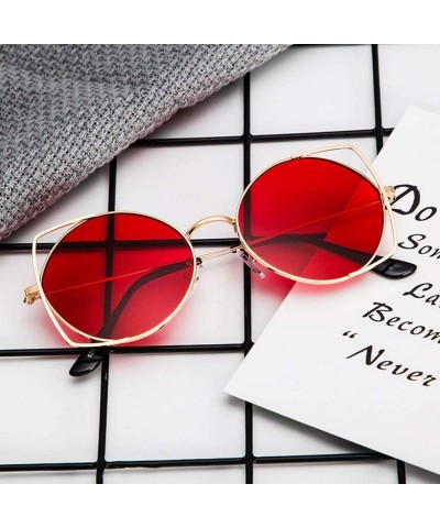 Oversized Retro Round Sunglasses for Women Cat Eye Mirrored Flat Lenses Metal Frame Sunglasses - Red - CM18RDN0LHU $9.62