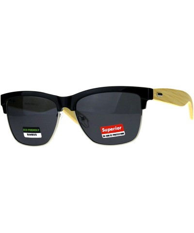 Square Real Bamboo Wood Temple Sunglasses Designer Style Square UV 400 - Black - CF18DI46S82 $24.90