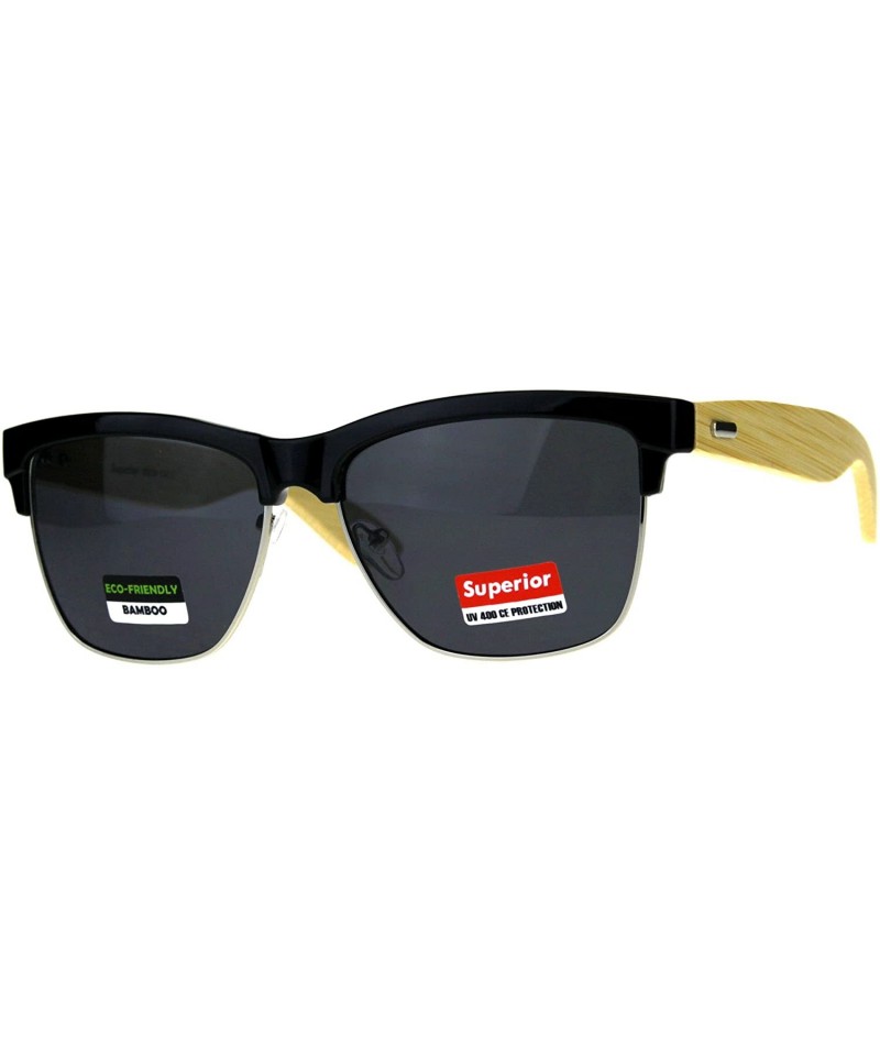 Square Real Bamboo Wood Temple Sunglasses Designer Style Square UV 400 - Black - CF18DI46S82 $12.62