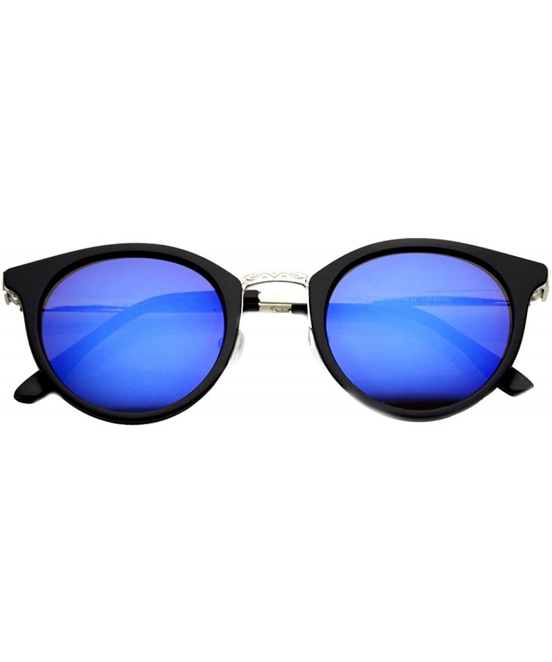 Round Retro Flash Mirror Horn Rimmed Metal Temple Round Sunglasses - Black Ice - CI11Y9LRKHJ $13.31